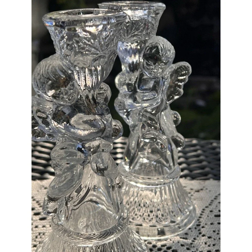 Vintage Clear Glass Angel Candle Holders Pair Praying Angel/ Cherub Candlsti